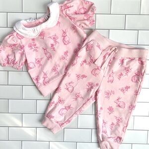 12-18M🩷 Janie & Jack Girls Bunny Floral Pink Toile Puff Sleeve Sweatshirt Jogger